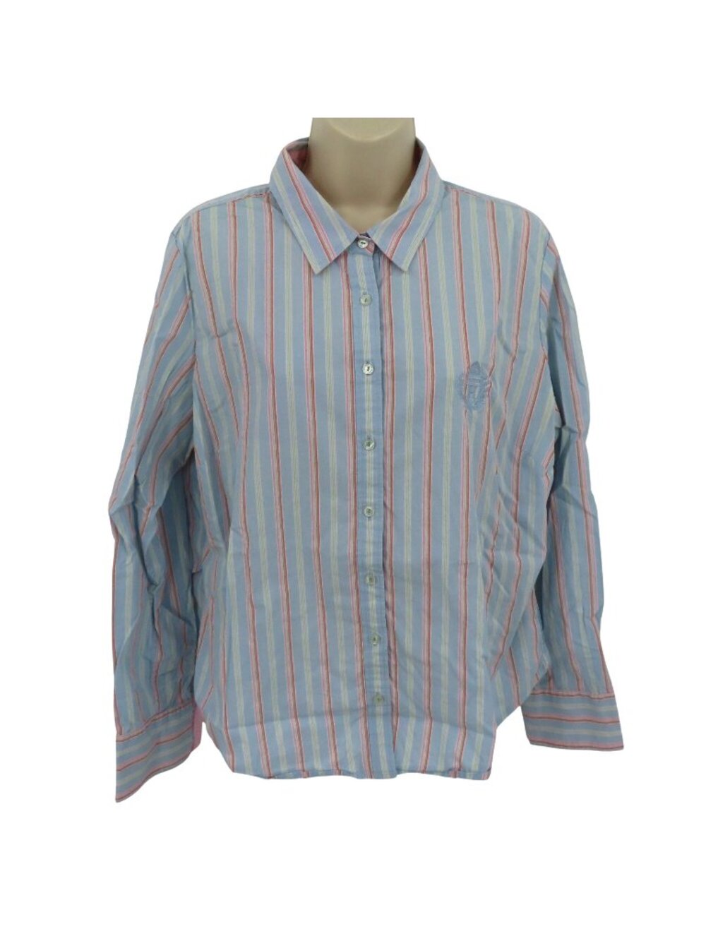 Tommy Hilfiger Women Extra Large XL Blue Stripe Collar Button Shirt Embroidered